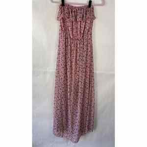 No Boundaries Strapless Pink Ditsy Floral Maxi Dress Size Medium Blue Ruffle